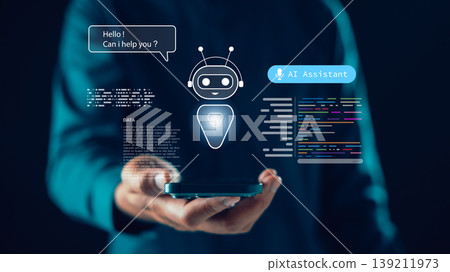 virtual ai assistant chatbot code interface artificial intelligence automation system provides smart digital support, person holds mobile phone while using advanced software features in hand virtual ai assistant chatbot code interface artificial intelligence automation system provides smart digital support, person holds mobile phone while using advanced software features in hand 139211973