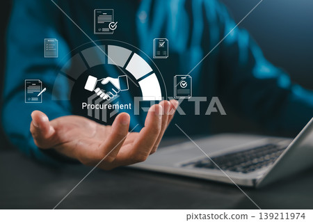 Digital procurement, contract, invoice, approval, b2b sourcing, vendor management, supply chain eprocurement paperless workflow managed by businessman using laptop computer, cloud technology 139211974