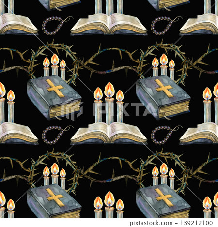 Watercolor hand drawn seamless pattern with religious Christian symbols: closed and open Holy Bibles, burning candles, a crown of thorns, and a rosary. Spiritual antique elements for prayer and faith Watercolor hand drawn seamless pattern with religious Christian symbols: closed and open Holy Bibles, burning candles, a crown of thorns, and a rosary. Spiritual antique elements for prayer and faith 139212100