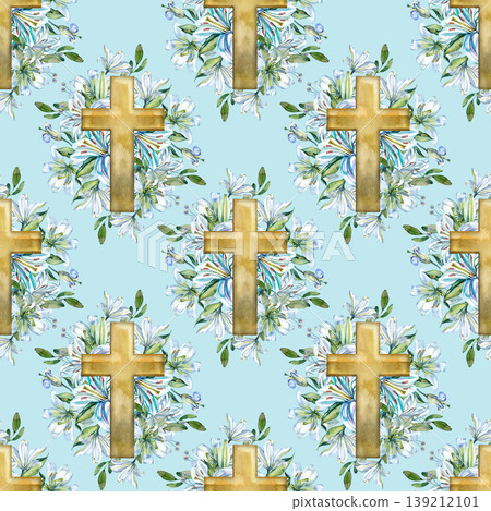 Watercolor hand drawn seamless pattern featuring golden Christian crosses surrounded by lush bouquets of blue lilies and green leaves. Spiritual floral ornament for Easter, baptism, or religious Watercolor hand drawn seamless pattern featuring golden Christian crosses surrounded by lush bouquets of blue lilies and green leaves. Spiritual floral ornament for Easter, baptism, or religious 139212101