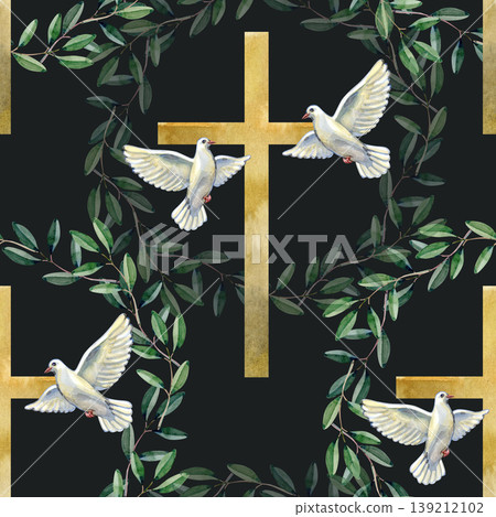 Watercolor hand drawn seamless pattern with golden Christian crosses, white flying doves, and green olive leaf wreaths. A religious spiritual ornament representing peace, faith, and the Holy Spirit. Watercolor hand drawn seamless pattern with golden Christian crosses, white flying doves, and green olive leaf wreaths. A religious spiritual ornament representing peace, faith, and the Holy Spirit. 139212102