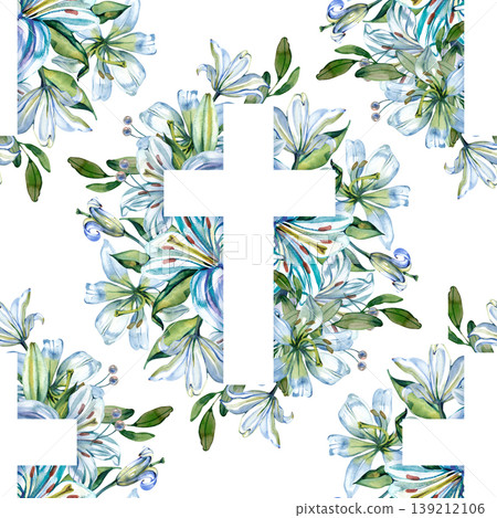 Watercolor hand drawn seamless pattern featuring white silhouettes of Christian crosses framed by elegant blue lily bouquets and green leaves. Spiritual floral ornament for Easter or religious 139212106