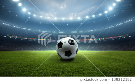 Close up of Ball in the Stadium with National Flags:2026 International Tournament Concept. Close up of Ball in the Stadium with National Flags:2026 International Tournament Concept. 139212192
