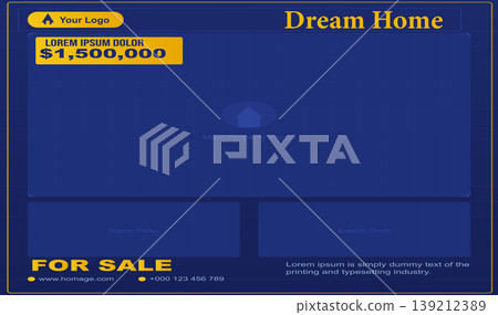 Professional real estate flyer template for property sale featuring a dark blue theme with yellow accents including placeholders for main property interior and exterior photos with pricing and contact Professional real estate flyer template for property sale featuring a dark blue theme with yellow accents including placeholders for main property interior and exterior photos with pricing and contact 139212389