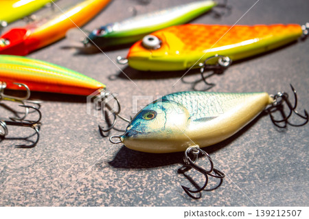 Special different colorful fishing tackles. Preparing for fishing Special different colorful fishing tackles. Preparing for fishing 139212507