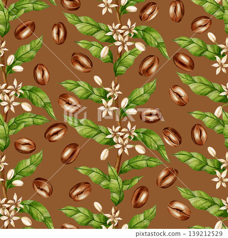 Watercolor seamless pattern featuring coffee tree branches, white flowers, and brown beans. Ideal for cafe menus, coffee shop branding, packaging, and textile design. Watercolor seamless pattern featuring coffee tree branches, white flowers, and brown beans. Ideal for cafe menus, coffee shop branding, packaging, and textile design. 139212529