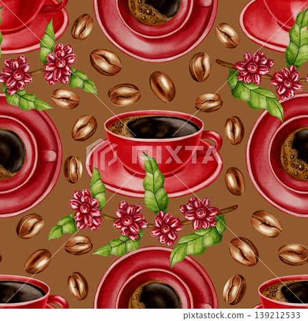 A watercolor seamless pattern with red coffee cups, beans, and coffee branches. Perfect for coffee shop branding, menus, packaging, and textile prints. A watercolor seamless pattern with red coffee cups, beans, and coffee branches. Perfect for coffee shop branding, menus, packaging, and textile prints. 139212533