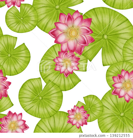 A seamless watercolor pattern featuring delicate pink lotuses, green water lilies, and flower buds. Ideal for textiles, wallpaper, romantic decor, cosmetics, and medical products. A seamless watercolor pattern featuring delicate pink lotuses, green water lilies, and flower buds. Ideal for textiles, wallpaper, romantic decor, cosmetics, and medical products. 139212555
