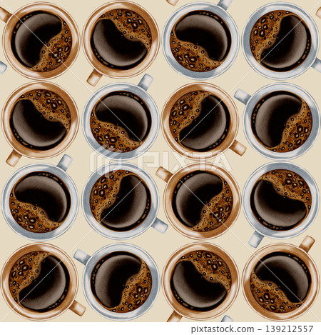A seamless watercolor pattern featuring pastel coffee cups and roasted coffee beans. Perfect for coffee shop branding, menus, packaging, and textile prints. A seamless watercolor pattern featuring pastel coffee cups and roasted coffee beans. Perfect for coffee shop branding, menus, packaging, and textile prints. 139212557