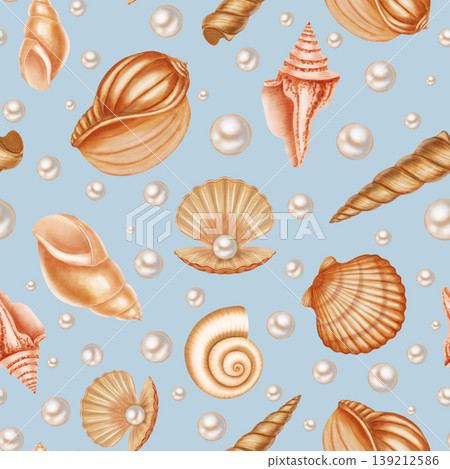 Seamless watercolor pattern featuring various sea shells, spiraled conchs, and elegant white pearls. Children's, nautical, travel themes. Suitable for design, prints, postcards, sea travel  139212586