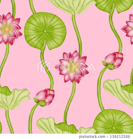 A seamless watercolor pattern featuring delicate pink lotuses, green water lilies, and flower buds. Ideal for textiles, wallpaper, romantic decor, cosmetics, and medical products. A seamless watercolor pattern featuring delicate pink lotuses, green water lilies, and flower buds. Ideal for textiles, wallpaper, romantic decor, cosmetics, and medical products. 139212588