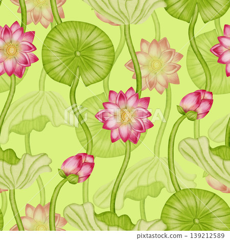 A seamless watercolor pattern featuring delicate pink lotuses, green water lilies, and flower buds. Ideal for textiles, wallpaper, romantic decor, cosmetics, and medical products. 139212589