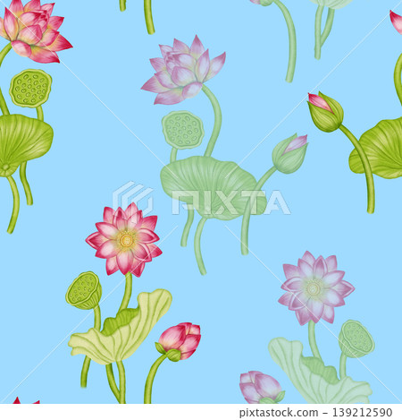 A seamless watercolor pattern featuring delicate pink lotuses, green water lilies, and flower buds. Ideal for textiles, wallpaper, romantic decor, cosmetics, and medical products. A seamless watercolor pattern featuring delicate pink lotuses, green water lilies, and flower buds. Ideal for textiles, wallpaper, romantic decor, cosmetics, and medical products. 139212590