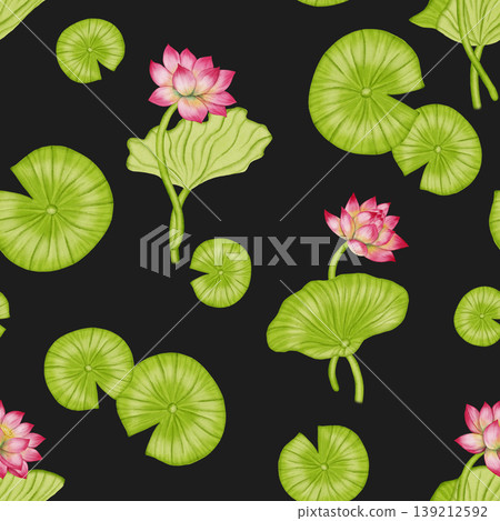 Lotus flower seamless pattern. An illustration of a pink water lily hand painted. Ideal for textiles, wallpaper, romantic decor, cosmetics, and medical products. Lotus flower seamless pattern. An illustration of a pink water lily hand painted. Ideal for textiles, wallpaper, romantic decor, cosmetics, and medical products. 139212592