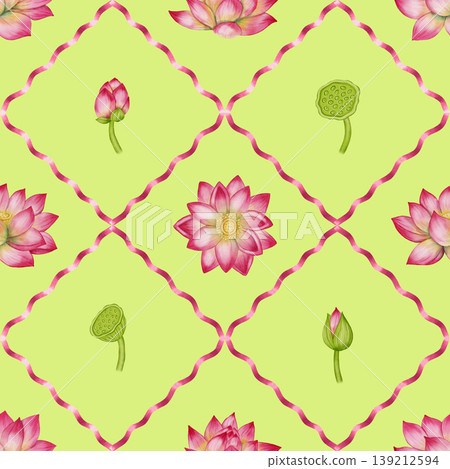 Seamless pattern with a lotus flower. A hand-drawn illustration of a pink water lily using a ribbon mesh. Perfect for textiles, wallpaper, romantic decor, cosmetics, and medical products. 139212594