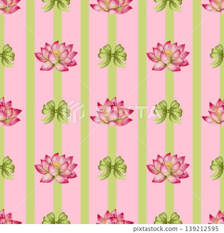 Seamless watercolor pattern with a lotus flower. Illustration of a pink water lily, ribbons, and bows. Perfect for textiles, wallpaper, romantic decor, cosmetics, and medical products. Seamless watercolor pattern with a lotus flower. Illustration of a pink water lily, ribbons, and bows. Perfect for textiles, wallpaper, romantic decor, cosmetics, and medical products. 139212595