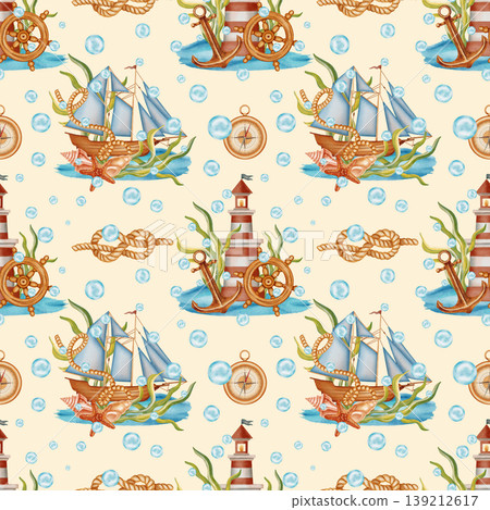 Nautical seamless pattern with watercolor sailboats, lighthouses, compasses, and anchors. Children's, nautical, travel themes. Suitable for design, prints, postcards, sea travel Nautical seamless pattern with watercolor sailboats, lighthouses, compasses, and anchors. Children's, nautical, travel themes. Suitable for design, prints, postcards, sea travel 139212617