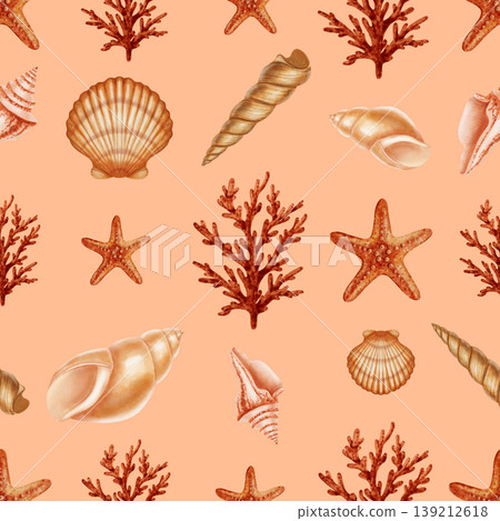 Minimalist marine seamless pattern featuring various watercolor seashells, orange corals, and starfish. Children's, nautical, travel themes. Suitable for design, prints, postcards, sea travel Minimalist marine seamless pattern featuring various watercolor seashells, orange corals, and starfish. Children's, nautical, travel themes. Suitable for design, prints, postcards, sea travel 139212618