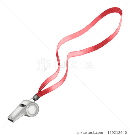 Hand-drawn watercolor illustration of a silver metal referee whistle with a red lanyard. Isolated icon for sports, coaching, and football competition equipment on white background. Hand-drawn watercolor illustration of a silver metal referee whistle with a red lanyard. Isolated icon for sports, coaching, and football competition equipment on white background. 139212640
