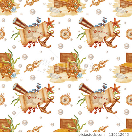 Pirate treasure seamless pattern featuring watercolor treasure maps, open chests with gold, spyglasses, pearls. Children's, nautical, travel themes. Suitable for design, prints, postcards, sea travel Pirate treasure seamless pattern featuring watercolor treasure maps, open chests with gold, spyglasses, pearls. Children's, nautical, travel themes. Suitable for design, prints, postcards, sea travel 139212643