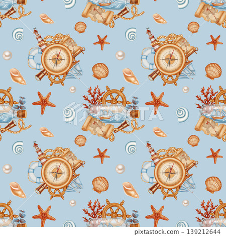 Elegant marine seamless pattern with watercolor ship in a bottle, large compass, lighthouse, and starfish. Children's, nautical, travel themes. Suitable for design, prints, postcards, sea travel Elegant marine seamless pattern with watercolor ship in a bottle, large compass, lighthouse, and starfish. Children's, nautical, travel themes. Suitable for design, prints, postcards, sea travel 139212644