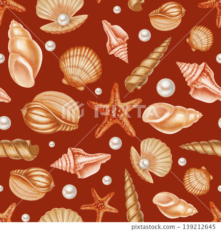Seamless watercolor pattern featuring various sea shells, spiraled conchs, and elegant white pearls. Children's, nautical, travel themes. Suitable for design, prints, postcards, sea travel Seamless watercolor pattern featuring various sea shells, spiraled conchs, and elegant white pearls. Children's, nautical, travel themes. Suitable for design, prints, postcards, sea travel 139212645