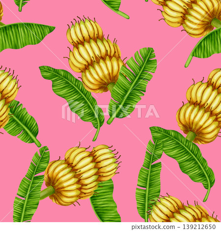 Watercolor seamless pattern of banana clusters growing on trees with green leaves. Perfect for wallpaper, food packaging, kitchen decor, summer apparel, swimwear design, and luxury home textiles. Watercolor seamless pattern of banana clusters growing on trees with green leaves. Perfect for wallpaper, food packaging, kitchen decor, summer apparel, swimwear design, and luxury home textiles. 139212650