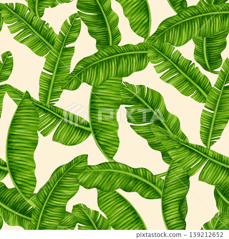 Watercolor seamless pattern of green watercolor banana leaves. Minimalist tropical botanical illustration. Perfect for wallpaper, kitchen decor, summer apparel, swimwear design, luxury home textiles Watercolor seamless pattern of green watercolor banana leaves. Minimalist tropical botanical illustration. Perfect for wallpaper, kitchen decor, summer apparel, swimwear design, luxury home textiles 139212652