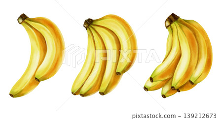 Watercolor illustration set of yellow bananas in various quantities. Single fruit, pair, and bunches of bananas. Botanical art for food packaging, fabrics, wallpaper, kitchen decor, and cafe menus. Watercolor illustration set of yellow bananas in various quantities. Single fruit, pair, and bunches of bananas. Botanical art for food packaging, fabrics, wallpaper, kitchen decor, and cafe menus. 139212673