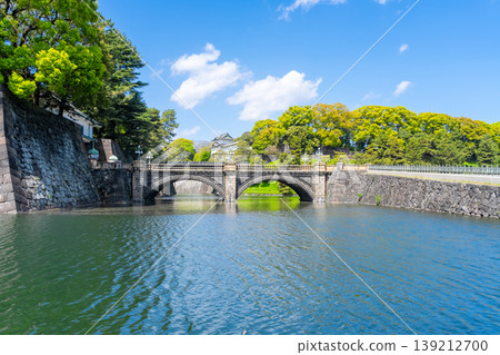 The Nijubashi Bridge at the Imperial Palace stands out against the fresh greenery and blue sky of spring. The Nijubashi Bridge at the Imperial Palace stands out against the fresh greenery and blue sky of spring. 139212700