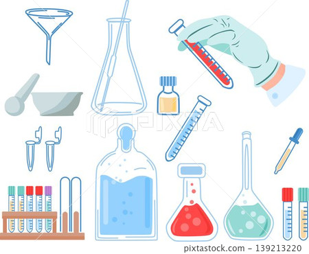 professional vector collection showcasing diverse scientific items from graduated cylinders to colorful chemical solutions. fully editable files perfect for pharmaceutical branding professional vector collection showcasing diverse scientific items from graduated cylinders to colorful chemical solutions. fully editable files perfect for pharmaceutical branding 139213220