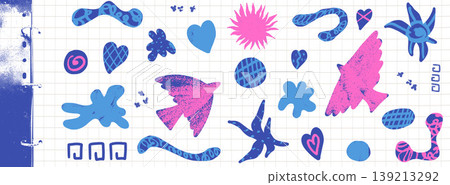 Sticker bird cutout set on notebook with folk crayon texture for scrapbook. Naive pink bird shape and blue paper blob with crosshatch. Vector folk collage set with naive dove and amoeba sticker shapes Sticker bird cutout set on notebook with folk crayon texture for scrapbook. Naive pink bird shape and blue paper blob with crosshatch. Vector folk collage set with naive dove and amoeba sticker shapes 139213292