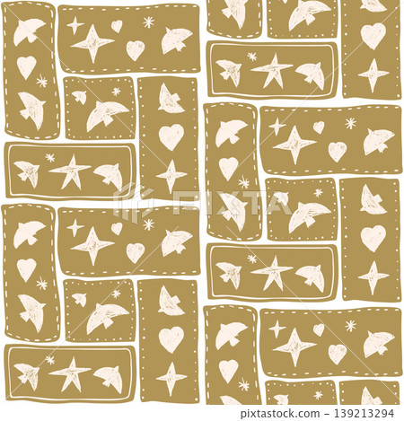 Dove and stars seamless pattern fill patchwork bento tiles on gold in a folk. Bird motifs in rectangle frames with stitch borders as a vector pattern for seamless print. Naive crayon dove on beige Dove and stars seamless pattern fill patchwork bento tiles on gold in a folk. Bird motifs in rectangle frames with stitch borders as a vector pattern for seamless print. Naive crayon dove on beige 139213294