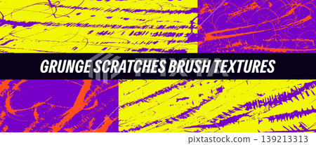 Graffiti brush background set with urban sporty stroke and scratch paint collage. Neon graffiti scribble overlay with messy pen and ink drawing on texture. Bold vector brush pattern for presentation 139213313