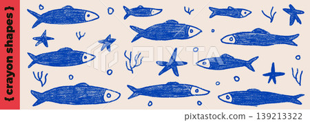 Whimsical fish crayon doodle for kids design. Naive blue sardine and anchovy silhouette with hand drawn starfish. Childish vector set with kindergarten whimsical charm isolated on beige background 139213322