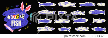 Fish scrapbook cutout paper sardine on black for sticker and social media post. Crayon doodle collage with torn edge and icon scrap. Vector sardine fish scrapbook set with playful drawing isolated Fish scrapbook cutout paper sardine on black for sticker and social media post. Crayon doodle collage with torn edge and icon scrap. Vector sardine fish scrapbook set with playful drawing isolated 139213323