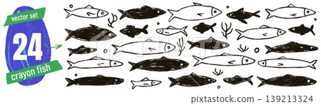 Fish doodle sardine in naive drawing for aquarium poster and journal sticker. Crayon pencil silhouette with hand sketched ocean mood. Vector doodle set for whimsical trendy playful design isolated 139213324