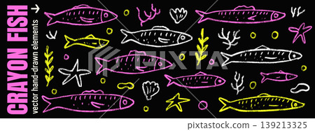 Sardine crayon neon fish outline for summer poster and party invitation. Doodle anchovy with chalk marker mood on black background. Sardine crayon y2k vector set with fuchsia and yellow glow isolated Sardine crayon neon fish outline for summer poster and party invitation. Doodle anchovy with chalk marker mood on black background. Sardine crayon y2k vector set with fuchsia and yellow glow isolated 139213325