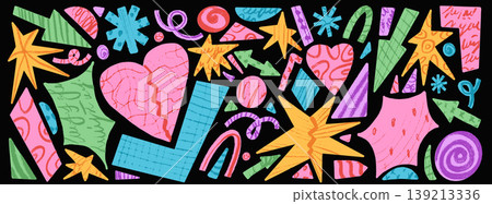 Crayon cutout kids element shapes with bright grunge pattern and cracked heart on black background. Hand drawn crayon doodle elements for zine cover and punk poster. Vector cutout star set isolated 139213336