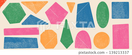 Playful kid shapes in bright colors with crayon ink texture for callout. Geometric kid shape set with hexagon, triangle, arch and oval on beige. Grunge hand drawn vector elements for text box frame Playful kid shapes in bright colors with crayon ink texture for callout. Geometric kid shape set with hexagon, triangle, arch and oval on beige. Grunge hand drawn vector elements for text box frame 139213337