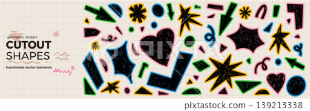 Cutout paper annotation shapes with black crayon and bright marker outlines on a grid paper background. Hand drawn cutout pieces for school diary or kids notebook. Vector geometric triangle, stars set Cutout paper annotation shapes with black crayon and bright marker outlines on a grid paper background. Hand drawn cutout pieces for school diary or kids notebook. Vector geometric triangle, stars set 139213338
