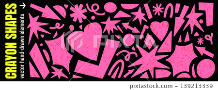 Pastel geometric shapes and heart, stars in soft pink hand drawn crayon on a black background with fuchsia hatching. Pastel doodle for girly poster or trendy banner. Geometric vector set isolated 139213339