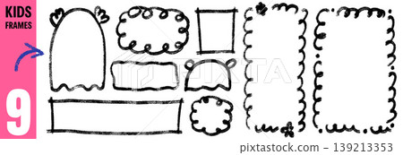 Kid crayon charcoal frame with chalk pencil and photo box shape set. Hand drawn frames on white for kindergarten fun kid text. Quirky vector shaky border with funky scribble brush isolated on white bg Kid crayon charcoal frame with chalk pencil and photo box shape set. Hand drawn frames on white for kindergarten fun kid text. Quirky vector shaky border with funky scribble brush isolated on white bg 139213353