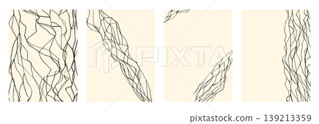 Kintsugi art simple posters set. Marble surface with black kintsukuroi repair pattern abstract crackle lines. Banners vintage texture. Vector wall art and ceramic-inspired design beige bg Kintsugi art simple posters set. Marble surface with black kintsukuroi repair pattern abstract crackle lines. Banners vintage texture. Vector wall art and ceramic-inspired design beige bg 139213359