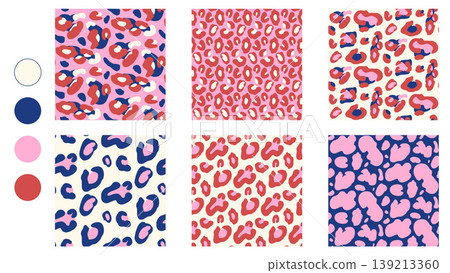 Leopard animal seamless print patterns collection for coquette fashion. Abstract panther spot pattern with animal texture on pink and cream background. Vector scatter with blue and red leopard motifs Leopard animal seamless print patterns collection for coquette fashion. Abstract panther spot pattern with animal texture on pink and cream background. Vector scatter with blue and red leopard motifs 139213360