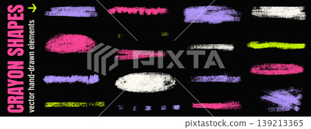 Neon crayon shapes in pink purple and green with accent on black. Fashion neon highlight line strokes with bold brush pencil marks. Hand drawn vector crayon underline elements for urban design Neon crayon shapes in pink purple and green with accent on black. Fashion neon highlight line strokes with bold brush pencil marks. Hand drawn vector crayon underline elements for urban design 139213365