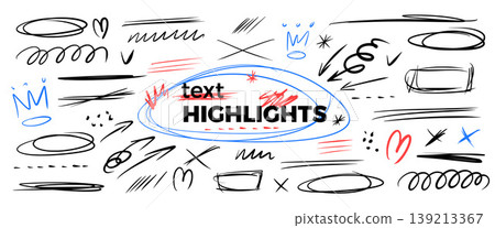 Text highlights hand-drawn set. Messy pen abstract emphasis doodles. Scribbles, expressive scratches set. Text highlight lines, circles, spontaneously underlines scrawl. Vector pencil brush tangles Text highlights hand-drawn set. Messy pen abstract emphasis doodles. Scribbles, expressive scratches set. Text highlight lines, circles, spontaneously underlines scrawl. Vector pencil brush tangles 139213367