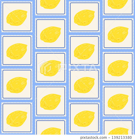 Seamless pattern hand drawn lemons square postage stamp. Retro geometric posters card summer citrus design for textiles, kitchen decor. Mediterranean-inspired pastel print. Vector badge background 139213380