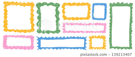 Scallop edged crayon rectangle frames. Organic colorful wavy abstract geometric text boxes. Curved, zigzag pastel colors blank borders set. Vector callouts and promo badges isolated no bg Scallop edged crayon rectangle frames. Organic colorful wavy abstract geometric text boxes. Curved, zigzag pastel colors blank borders set. Vector callouts and promo badges isolated no bg 139213407