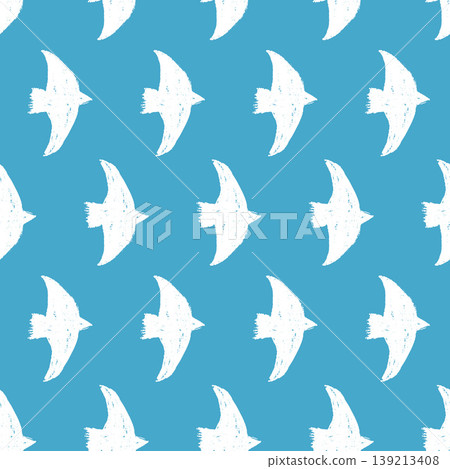 Bird chalk seamless pattern on blue sky for nautical print. White bird flock in a crayon chalk vector repeat on teal background. Hand drawn naive dove silhouette pattern for kids and beach design 139213408